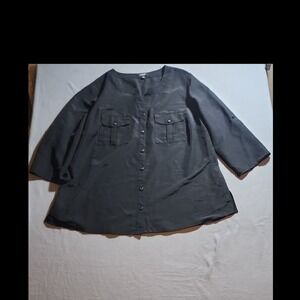 Elementz Woman Black Solid Button Blouse 1X V-Neck Pockets 3/4 Sleeve